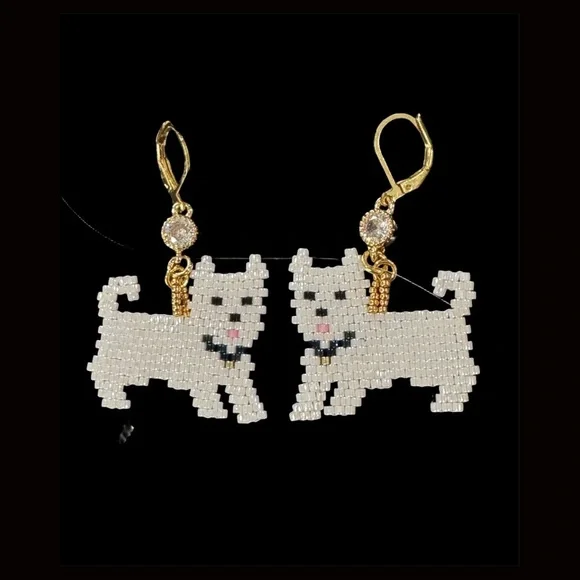 Hand crafted white dog pup earrings - Picture 1 of 6